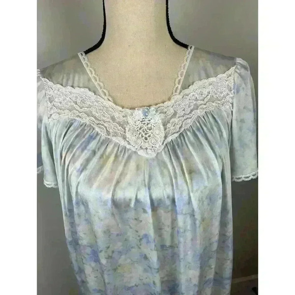 Vtg 70s Miss Elaine Babydoll Nightgown Floral Blue Lace Union Tag Coquette M - Picture 2 of 13
